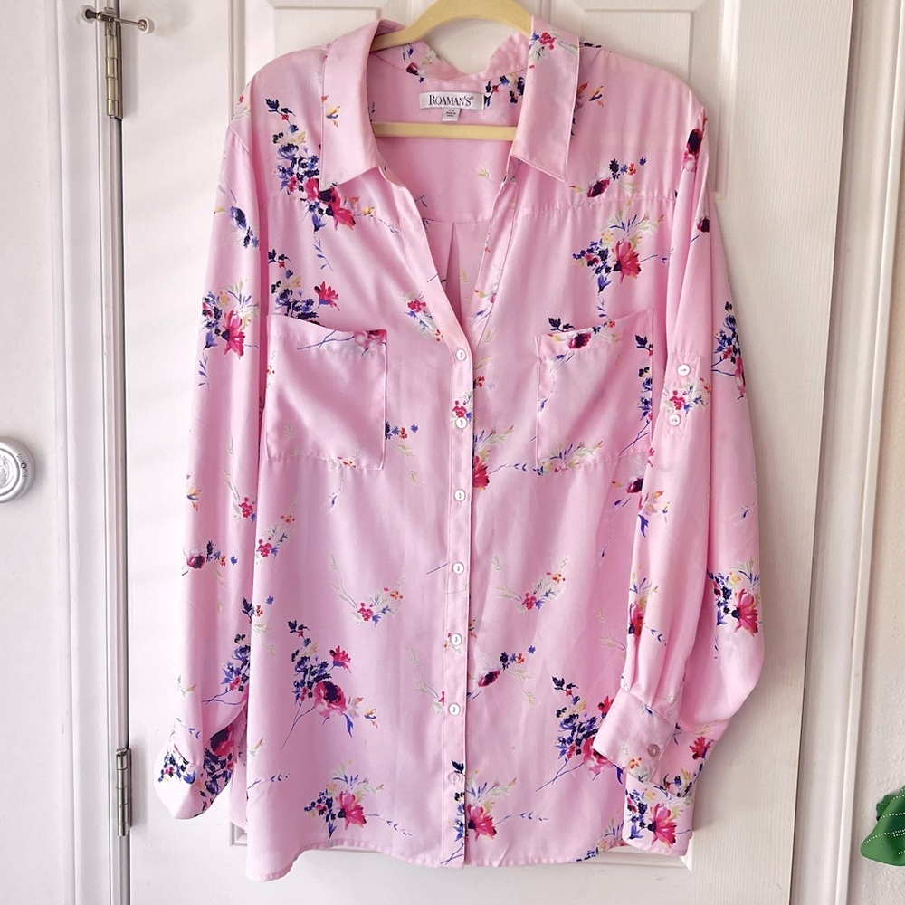 Roaman’s Lightweight Floral & Pink Plus Size Women’s Blouse 32W (3X)